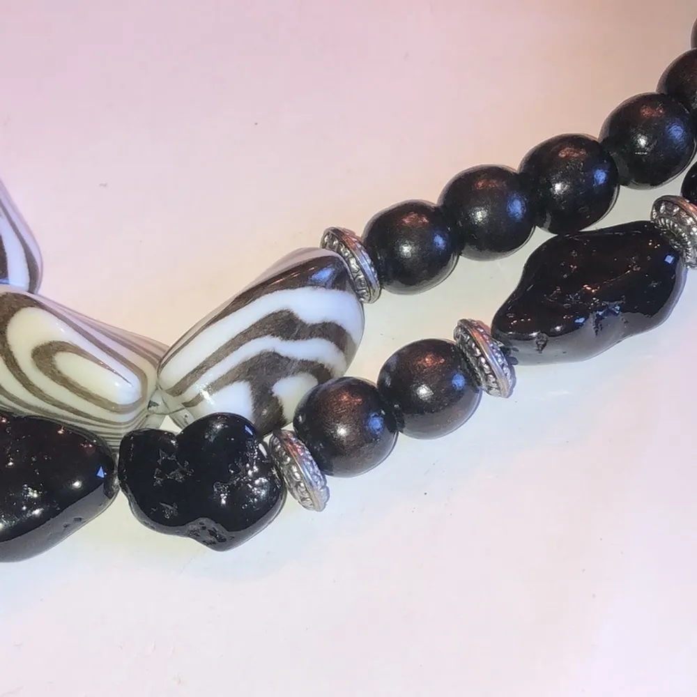 Black & White Zebra Stripes Beaded Double Strand Boho Necklace - Image 2