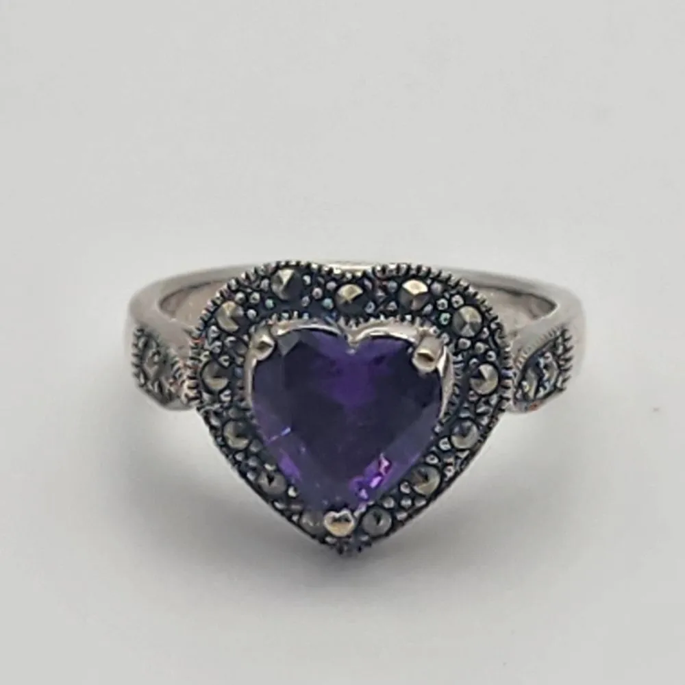 LA Jewelry Purple Glass Heart & Marcasite Ring (6.75) Purple - Image 6