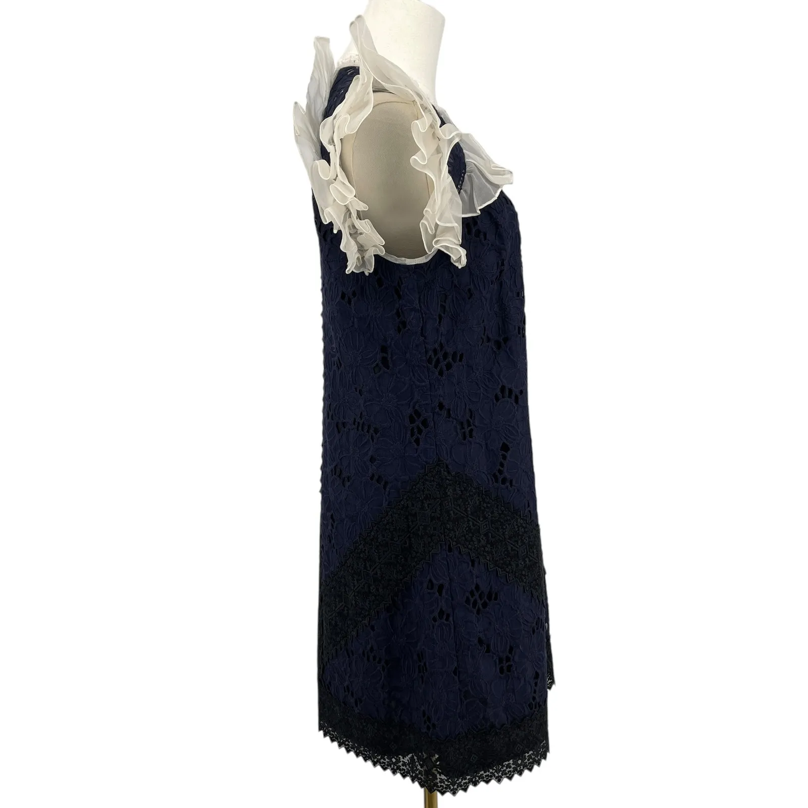 Rebecca Taylor Women's High Neck Ruffle Lace Dress Size 6 Navy Ivory OOAK - Image 5