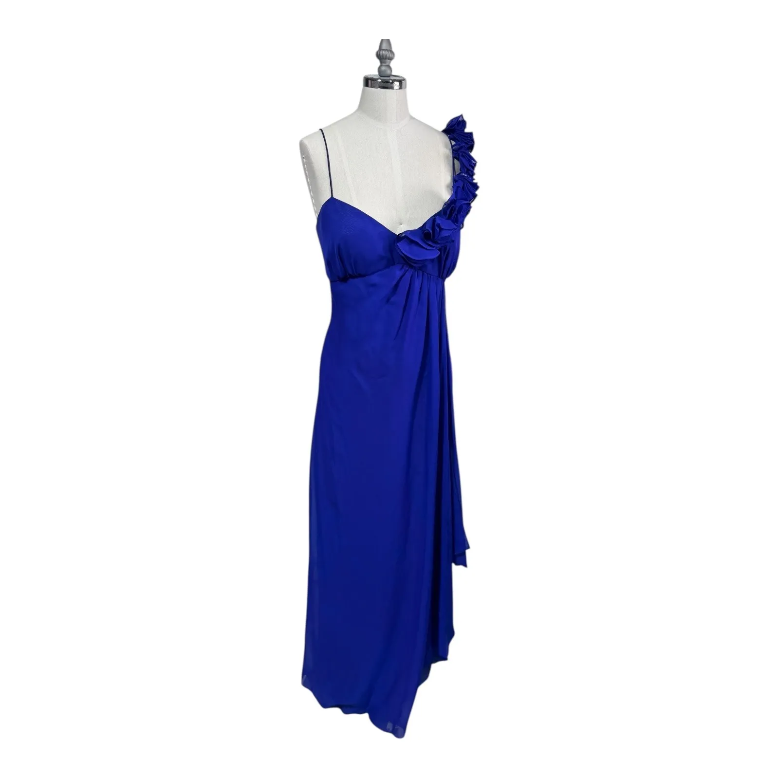 Adrianna Papell Hailey One Shoulder Ruffle Chiffon Prom Gown Formal Women's 14 Blue - Image 4