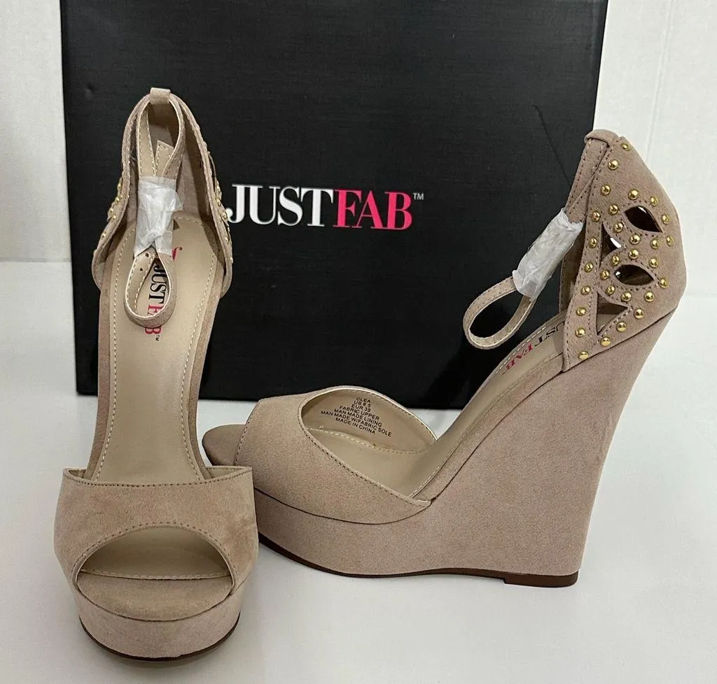 NIB JustFab Clea Nude Studded Cutout Wedge Heels Sandals Size 8.5 Platform Shoes - Image 11