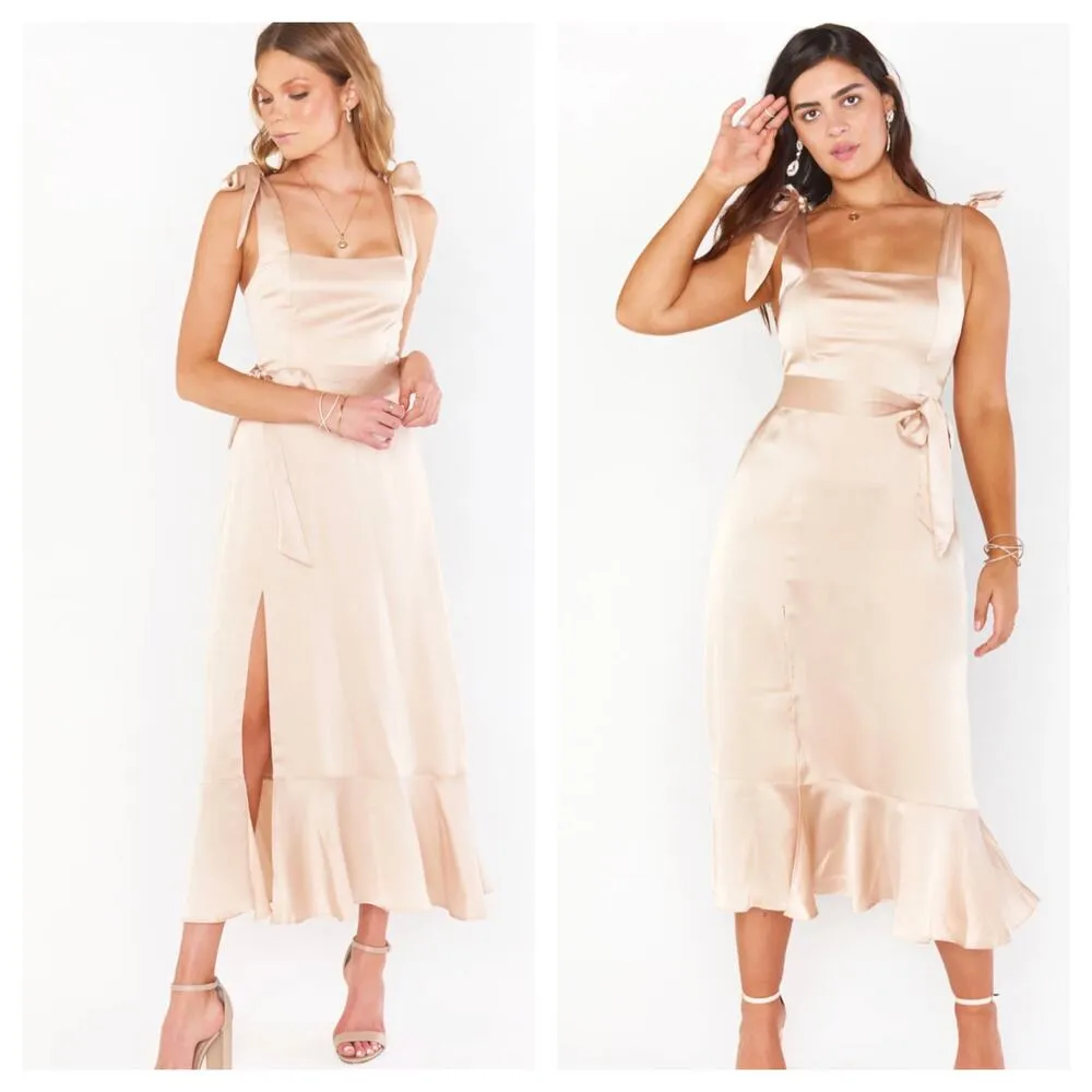 Show Me Your Mumu Claire Midi Dress Small Champagne Satin Ruffle Hem Cocktail - Image 3