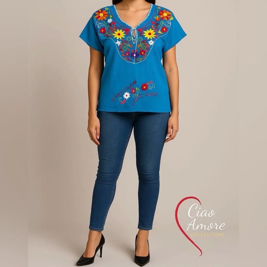 Nwt Mexican Handmade Embroidered Blouse – Blue Cotton/Linen, Size M - Image 2