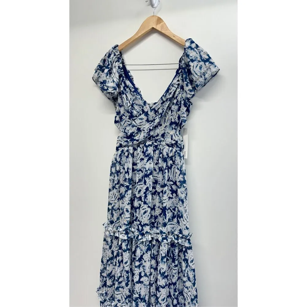 Aqua Maxi Dress Womens Size Small Tiered Metallic Formal Evening Gown Blue White - Image 6