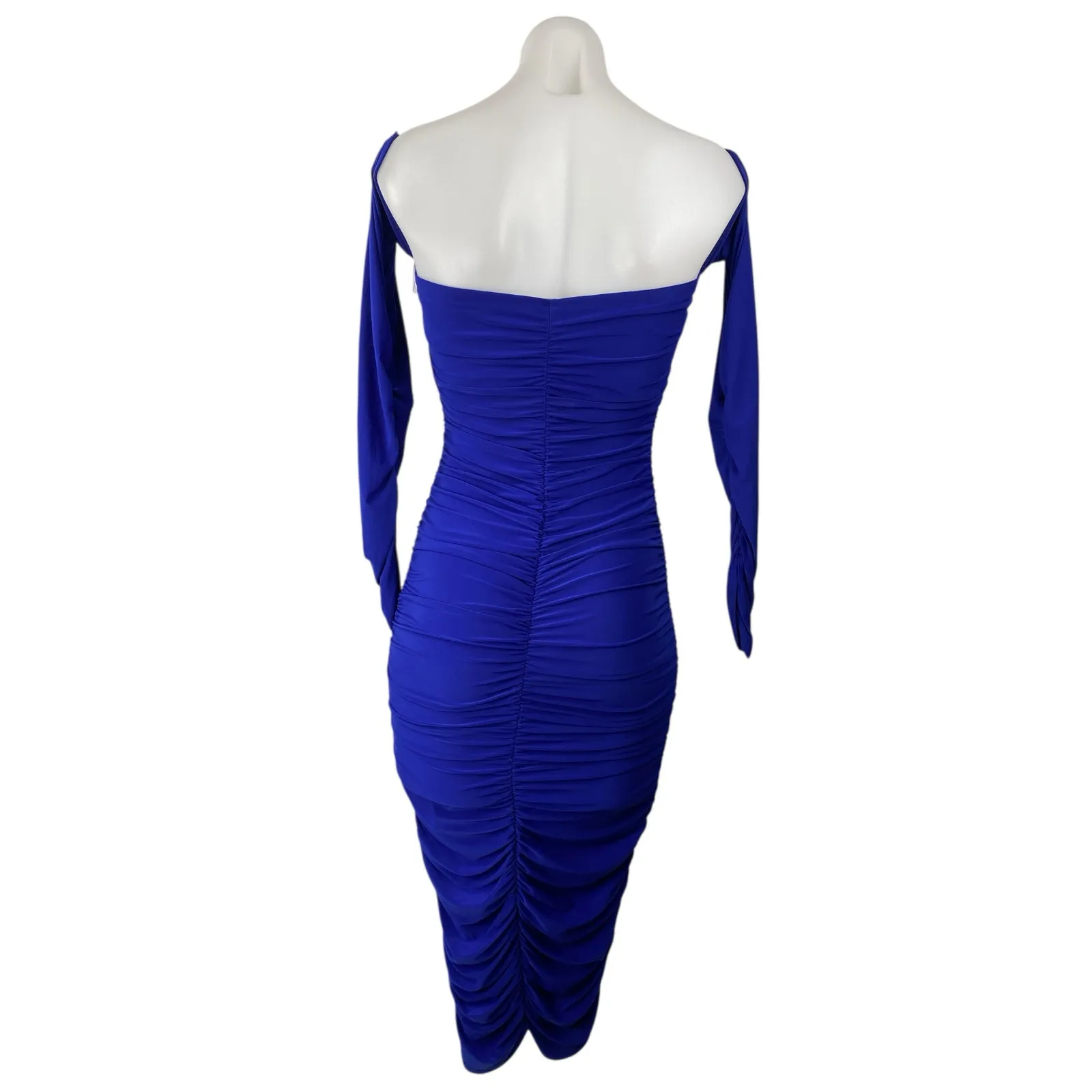 Sabora Blue Ruched Long Sleeve Off Shoulder Sweetheart Neck Midi Bodycon Dress S - Image 2