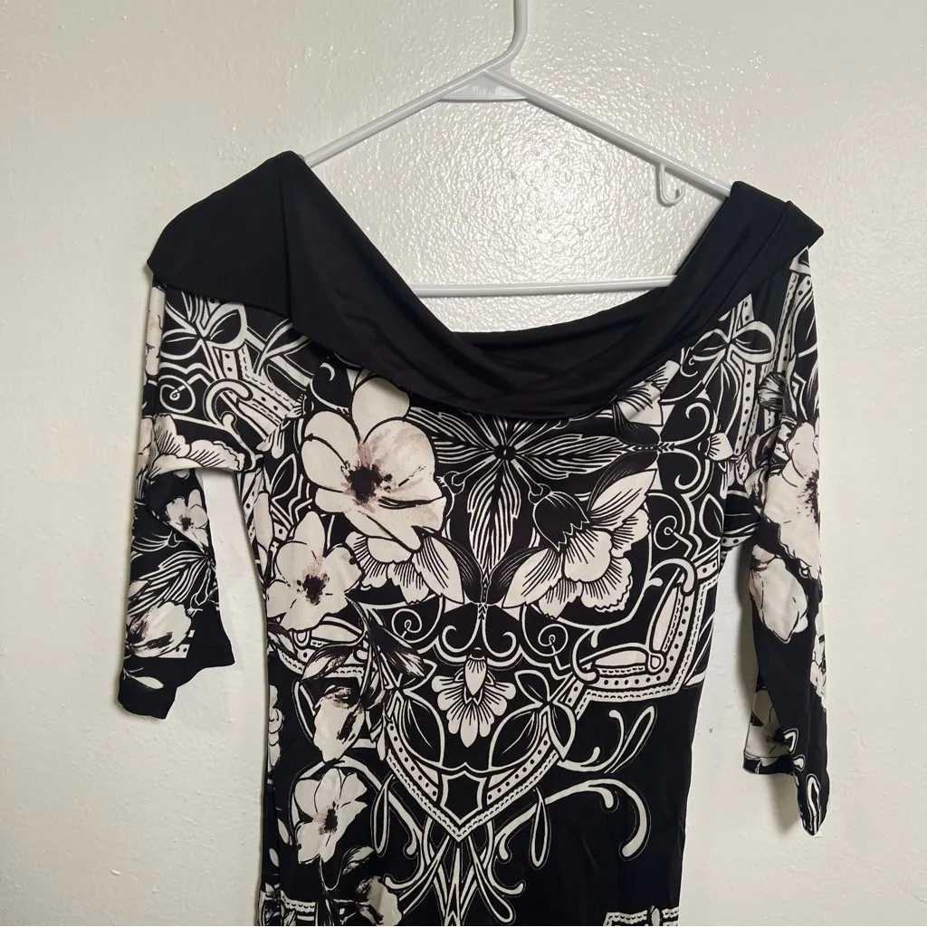 White House Black Market Off Shoulder Mini Tunic Dress Black Floral S - Image 2
