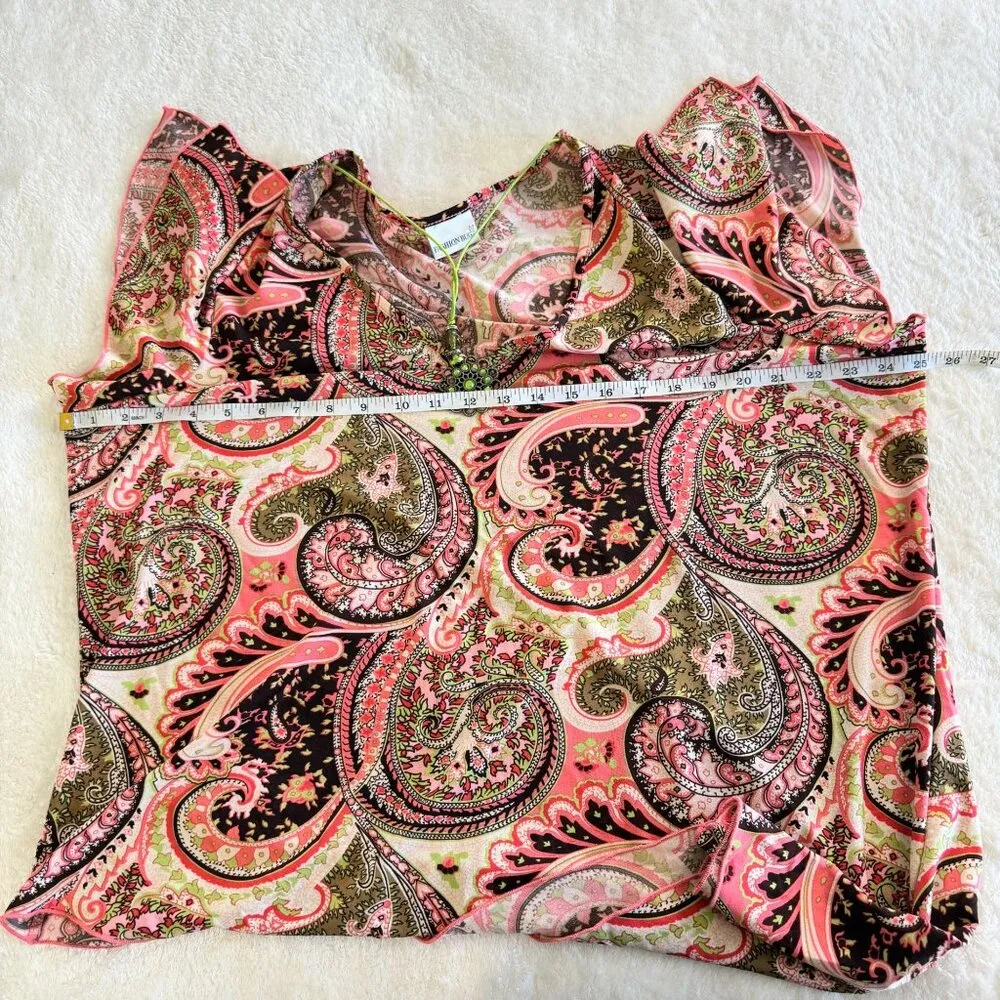 Vintage Fashion Bug Top Womens 3X 24 Y2K Boho Pink Paisley Asymmetrical Necklace - Image 6