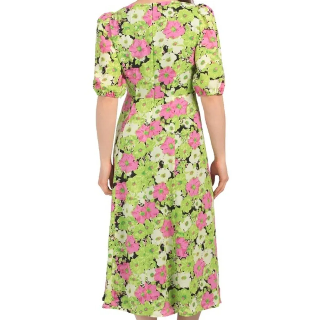 NWT WAYF X Nordstrom FLORAL PUFF SLEEVE MIDI DRESS Green Multi - Image 3