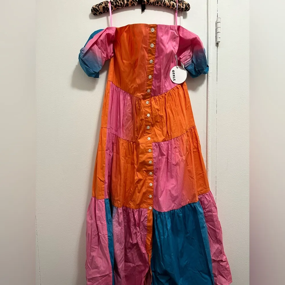 NWT STAUD Elio Multicolor Tiered Off-Shoulder Cotton Maxi Dress 10 - Image 4