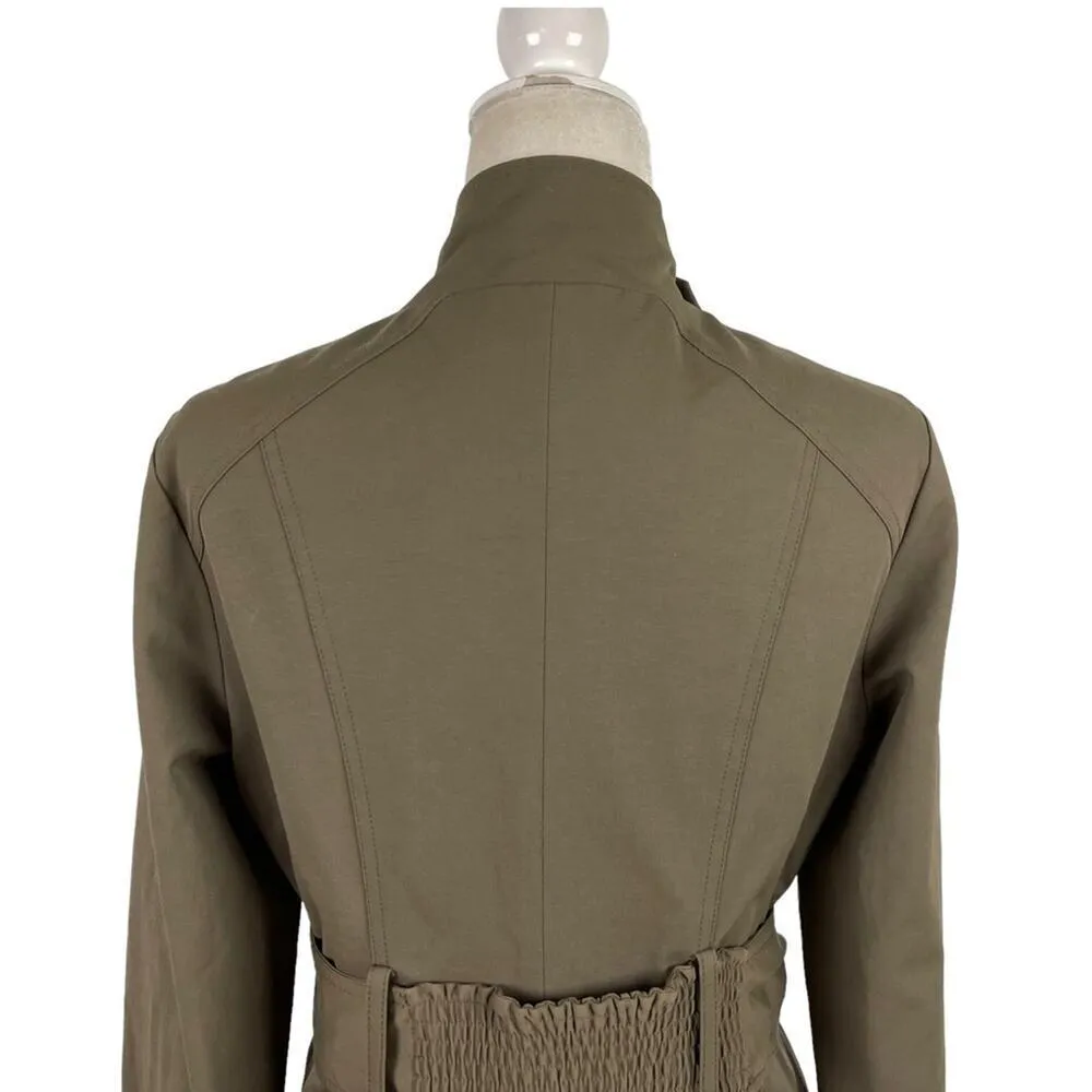 BLANC NOIR Belted Tailored Office Siren Trench Coat Ruffle Cuffs Medium Green - Image 12