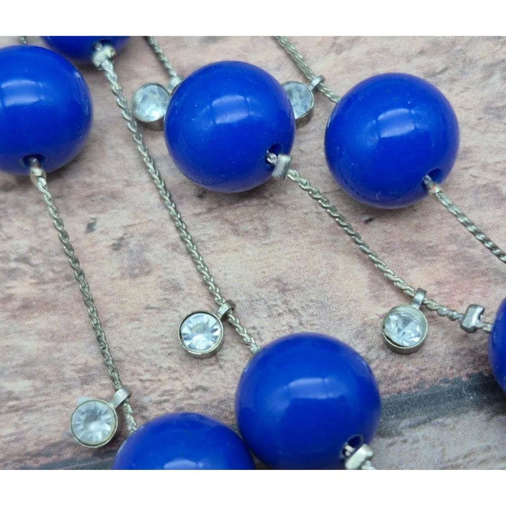 Silver Tone Multi Strand Cobalt Blue Bead Crystal Statement Collar Necklace 16" - Image 8