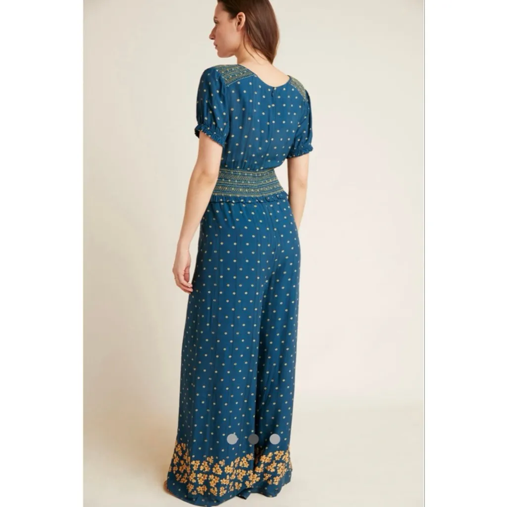 Farm Rio Anthropologie Rosewood Floral Jumpsuit Size XL Short Sleeve Tassels Blue - Image 2