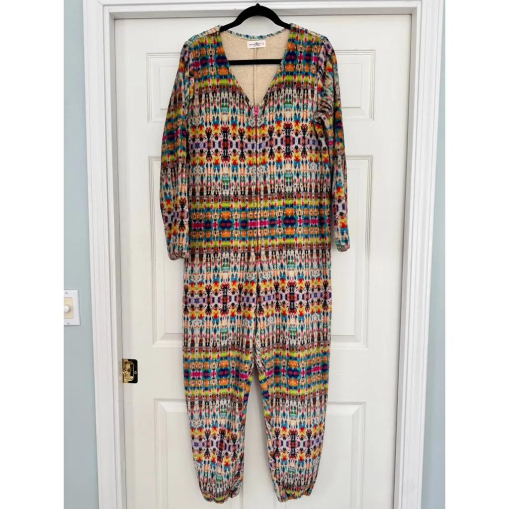Natural Life Velour Multi-color Ikat Tie-Dye Size S Pajama Jumpsuit One Piece - Image 3