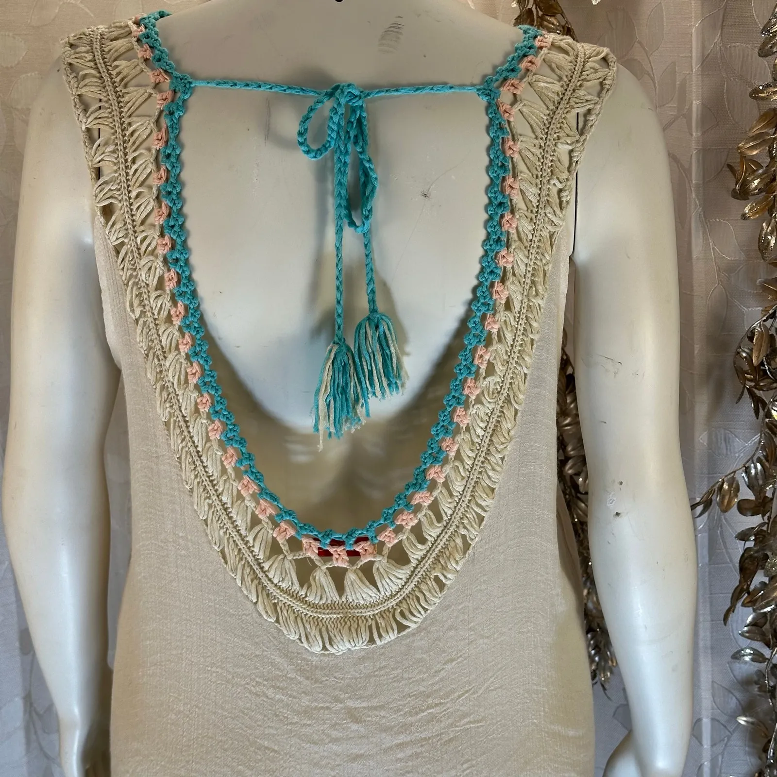 Negs‎ Women’s Boho Crochet Fringe Tunic Cover Up Festival Medium Large granny Blue - Image 9