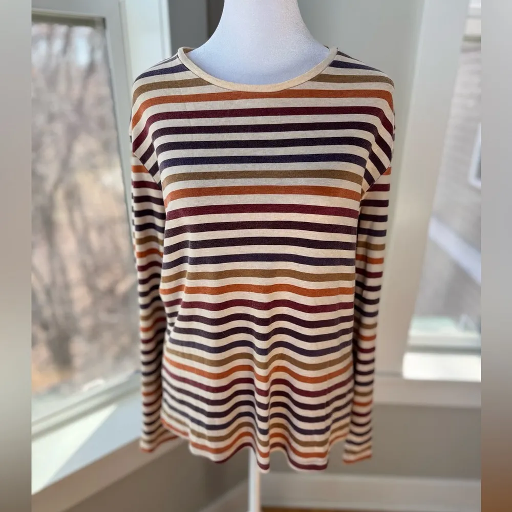 Vintage NorthCrest Cream Autumn Tone Multicolored Striped Long Sleeve Tee Shirt Pink Size M - Image 5