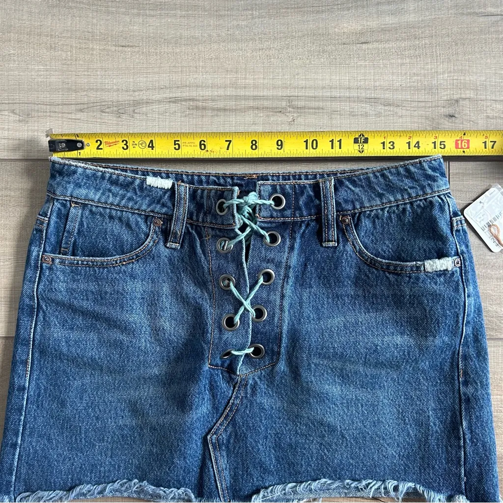 Free People Denim Micro Mini Skirt Lace Up Tie Raw Hem Jean Y2K 90s NWT 27 - Image 7
