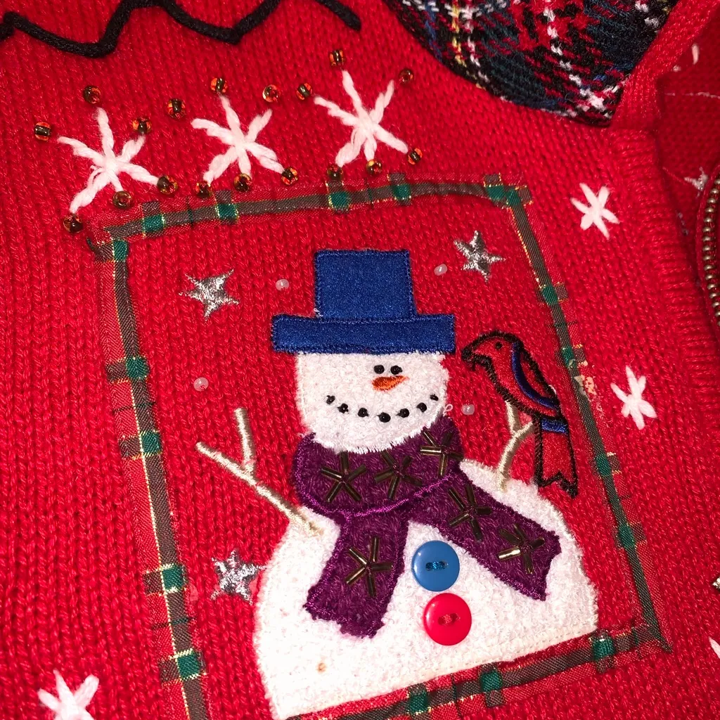 Vintage Festive Red Snowman Christmas Beaded Embroidered Knit Funky Zip Vest PL Size undefined - Image 11