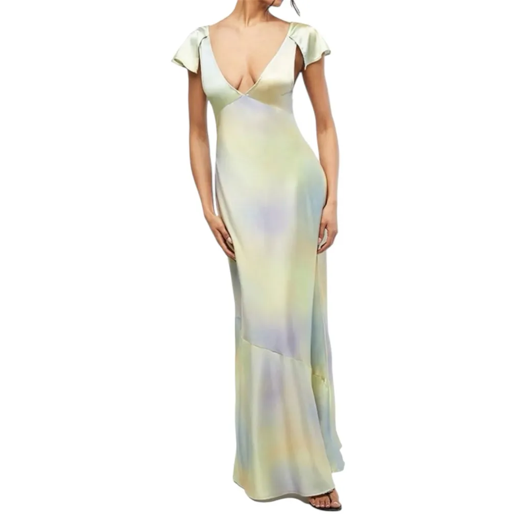 WeWoreWhat Green and Yellow‎ Watercolor Lace Midi Slip Dress Flutter Sleeve Gown - Image 2