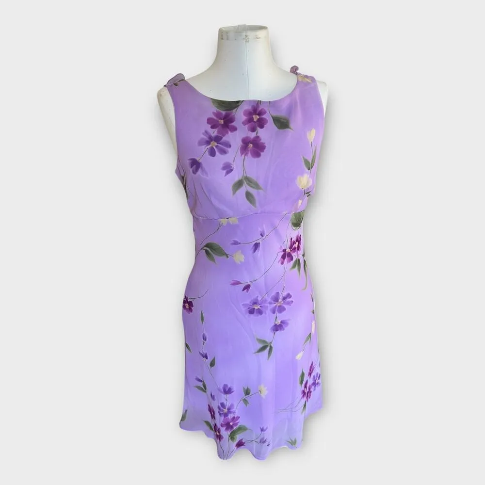 Vintage 90s Just Choon USA Purple Floral Empire Waist Dress Sheer Overlay sz 9 - Image 3