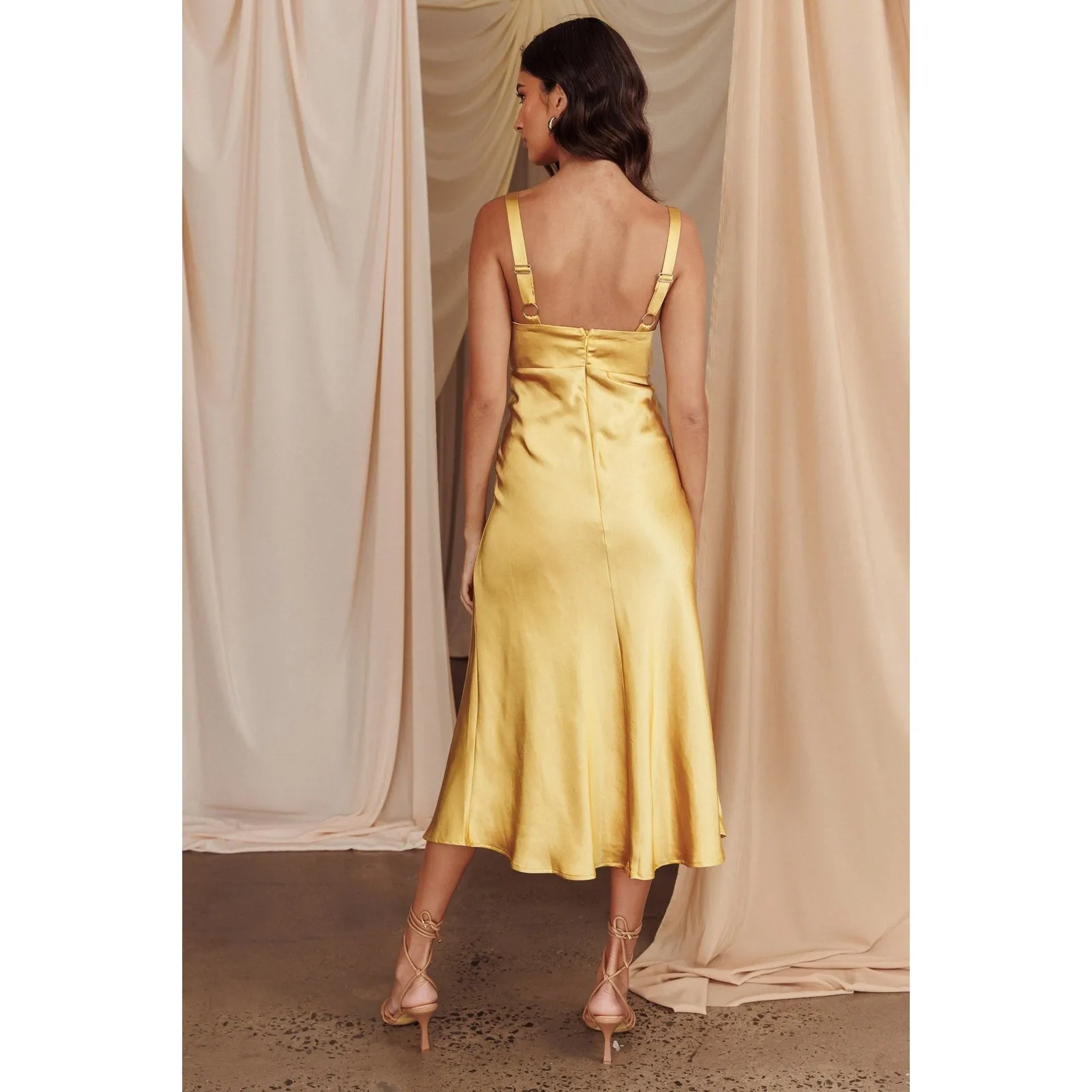 NEW! Selfie Leslie Perfect Day Satin Midi slip Dress Mustard US small st1957b01 - Image 2