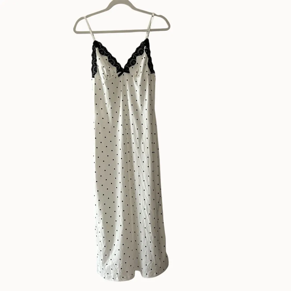Black and White Polka Dot Maxi Slip Dress Black Lace Trim V - Image 10