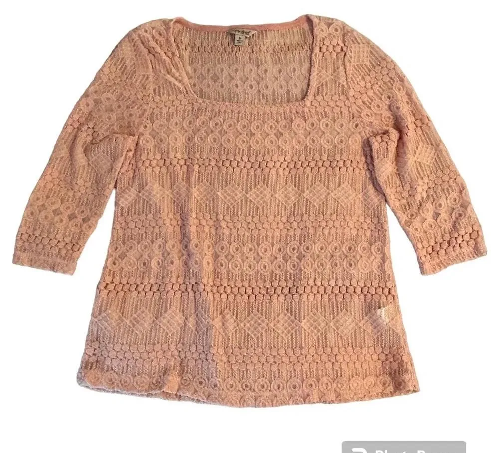 Lucky Brand Womens M Blush Pink Crochet 3/4 Sleeves Boho Top Sheer Square Neck - Image 3