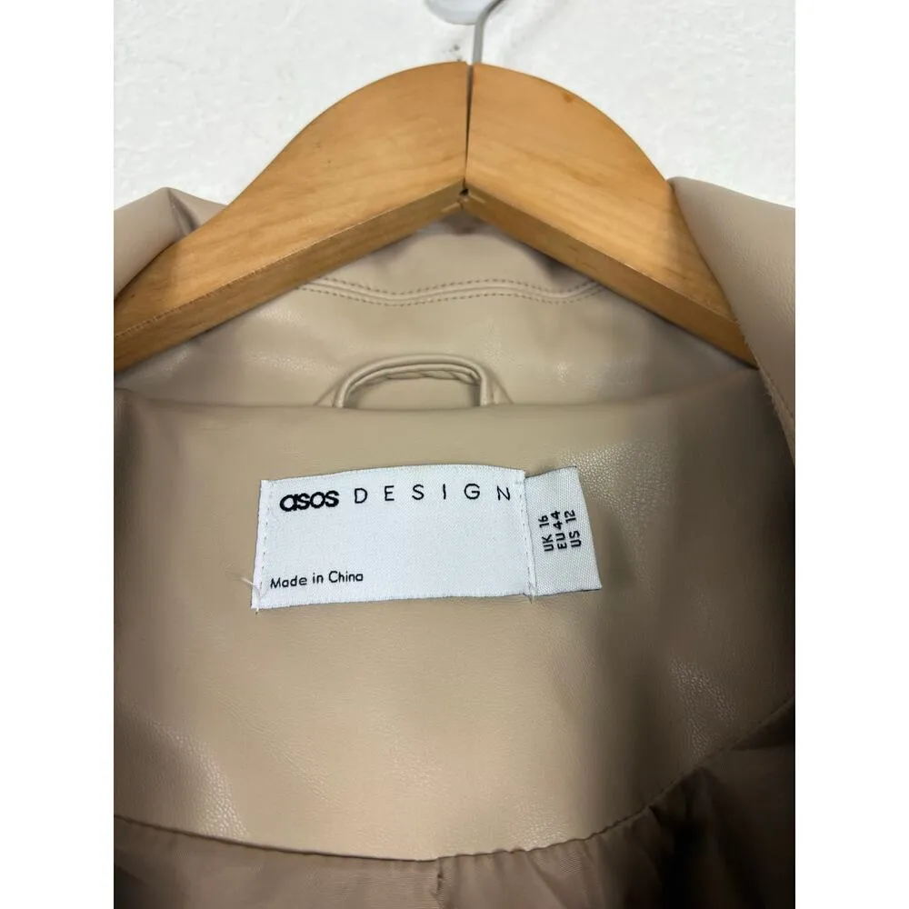 ASOS DESIGN Tan Faux Leather Trench Coat Size 12 Long Preppy Chic Minimalist - Image 6