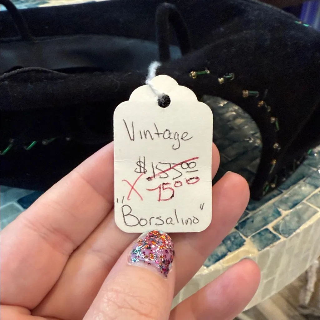 VINTAGE BORSALINO Black Hat with Green Stitching - Image 3