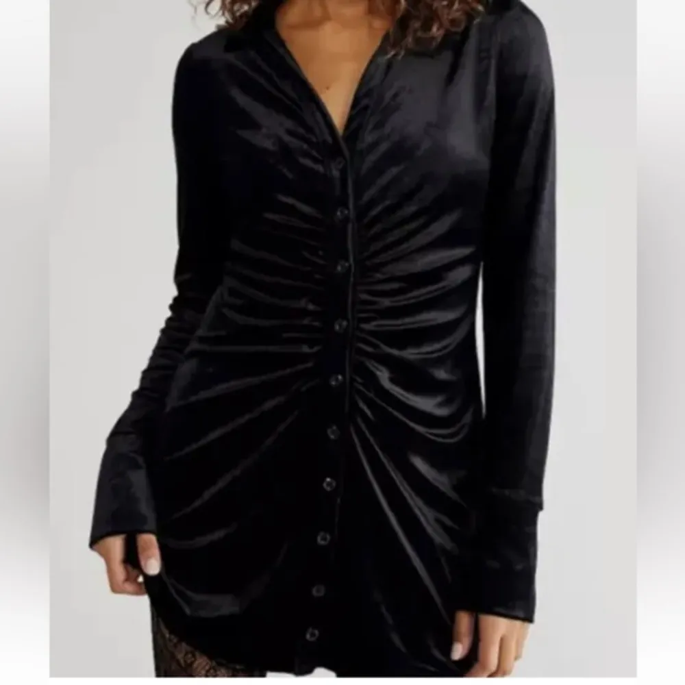 Free People Shayla Velvet Mini Dress in Black Button Up Size Small - Image 7