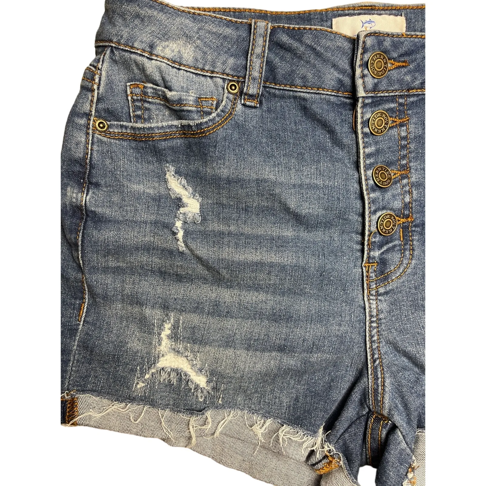 Southern Tide Hayes High Waisted‎ Distressed Indigo Denim Shorts Size 28 - Image 4
