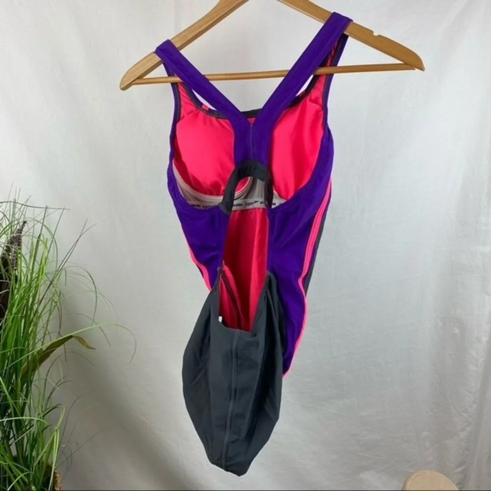 Speedo Gray Purple Pink PowerFlex Eco Quantum 1 Piece Swim Suit Bathingsuit 10 - Image 2