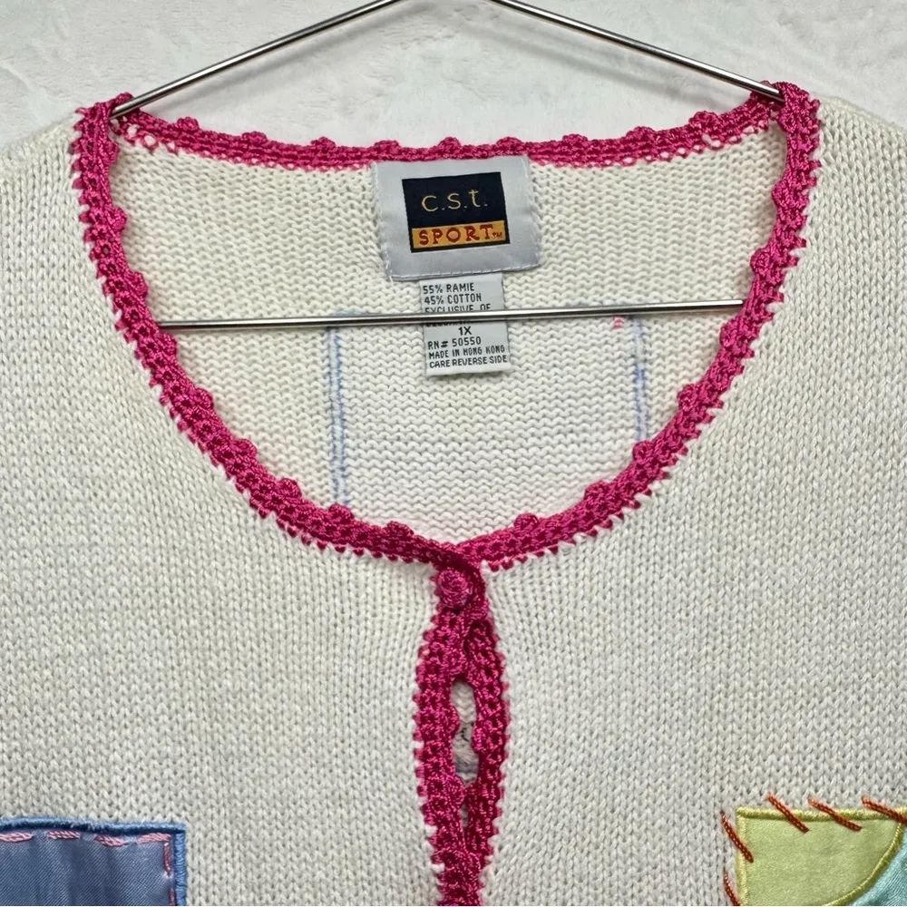 Vintage Patchwork Bunnies Rabbits Cardigan Sweater Button Front Crocheted Lace Pink Size 1X - Image 6