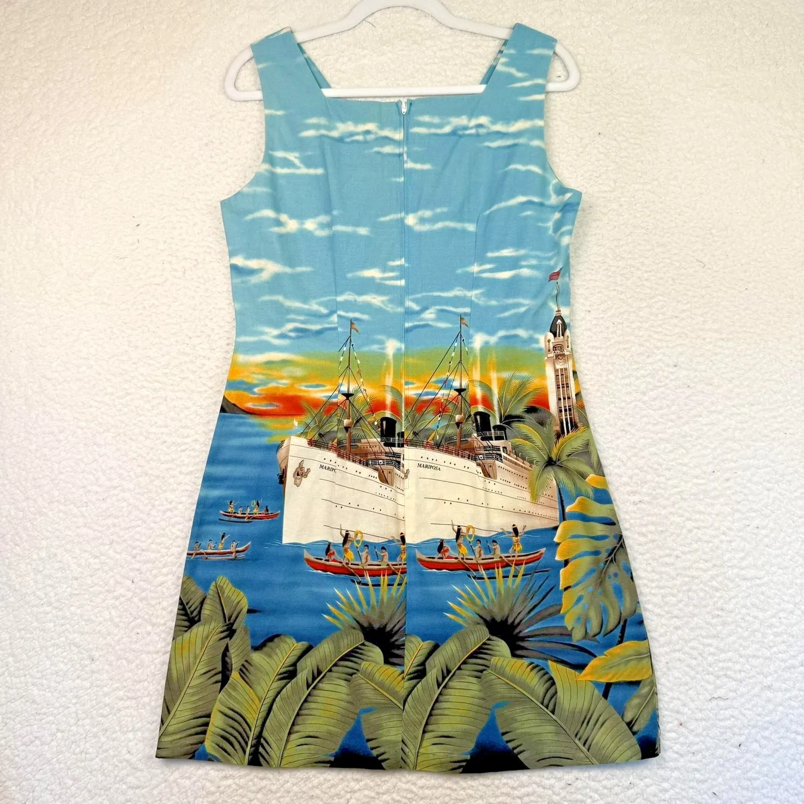 VTG Shannon Marie Dress Womens Medium 10 Hawaiian Sleeveless Ship Print 90s‎ Blue - Image 2