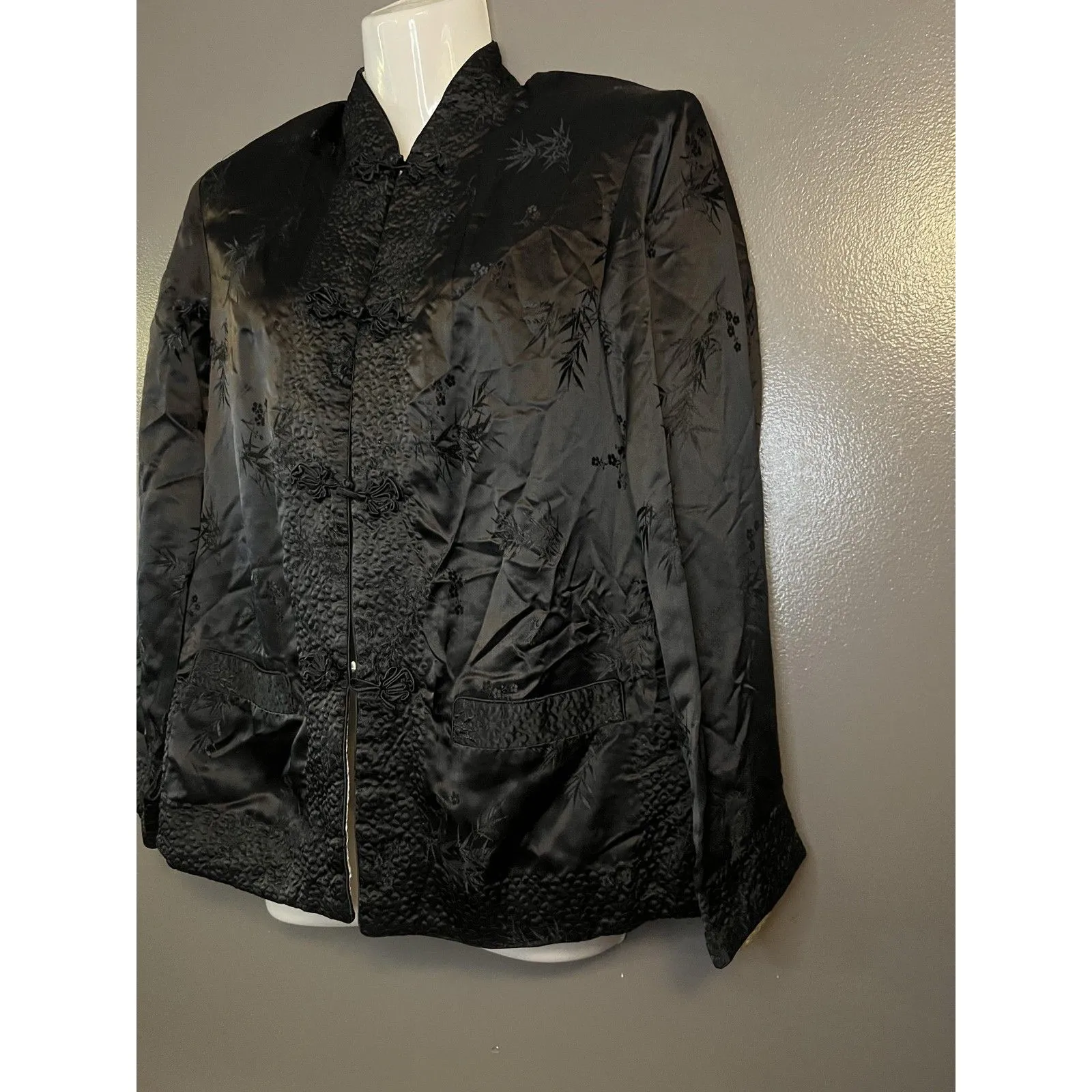 Reversible Satin Brocade Jacket Womens Small Black Ivory Mandarin Collar Frog - Image 3
