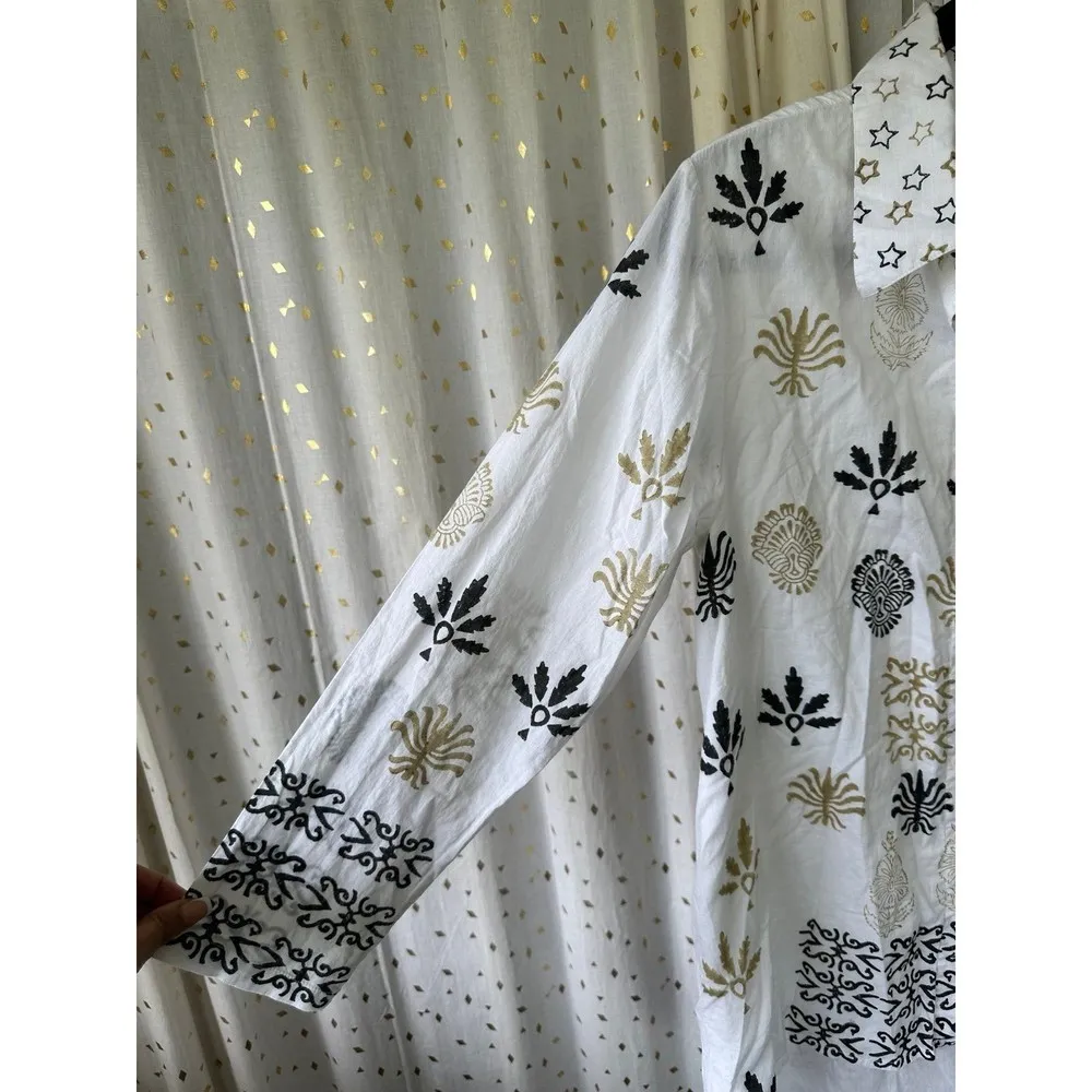 Tulip Cotton Artsy Batik Tribal Print Grayson Oversize Button Down Hi Lo Shirt S - Image 3