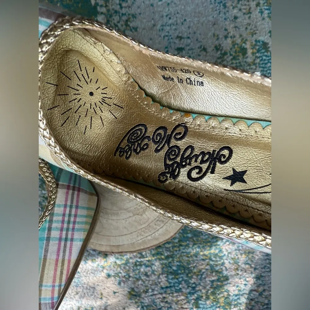 Vintage Y2K Naughty Monkey plaid gold leather bow heels, size 8 Green - Image 6