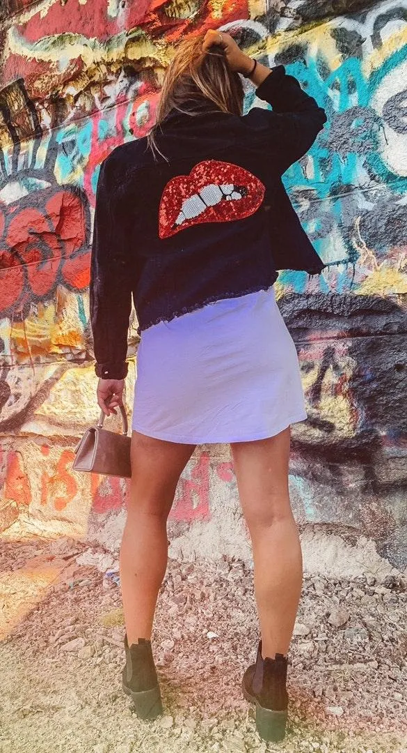 Black Sequin Lips Jacket Size L - Image 2