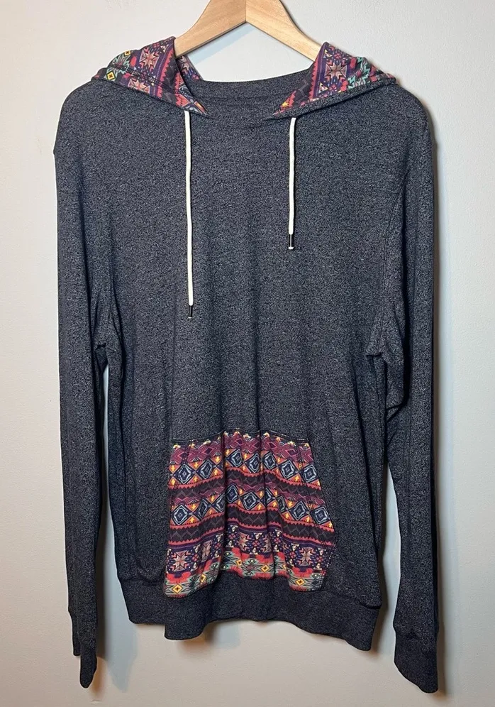 On The Byas Pullover Hoodie Women’s L Blue Aztec Southwestern Print Lightweight - Image 1