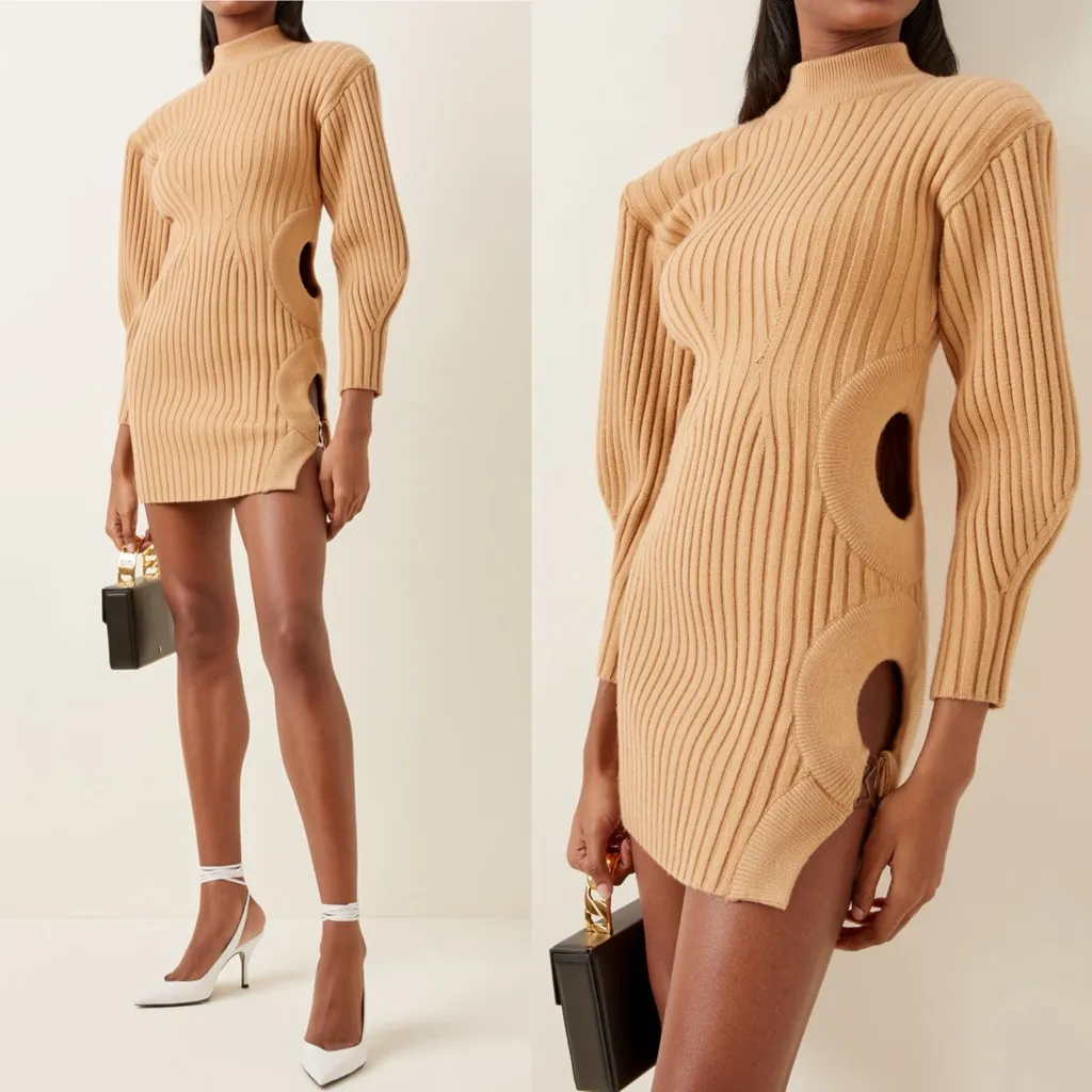 David Koma Camel Side Cutout Ribbed Knit Mini Dress Tan Size M - Image 2
