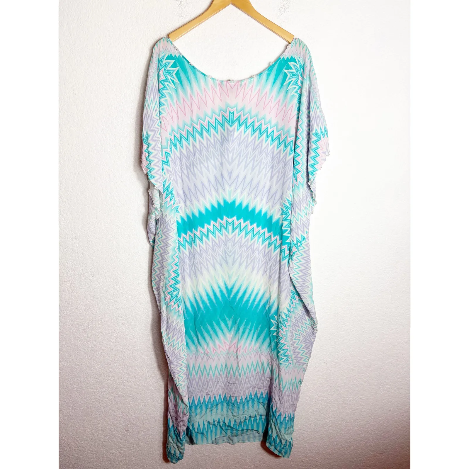 Hemant & Nandita Caftan Small 100% Silk Beach Coverup Blue Chevron Boho Beaded - Image 14