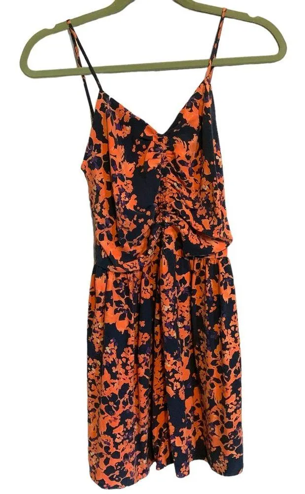 Parker 100% silk Floral Printed Navy Orange Purple ruched flare mini dress - Image 3