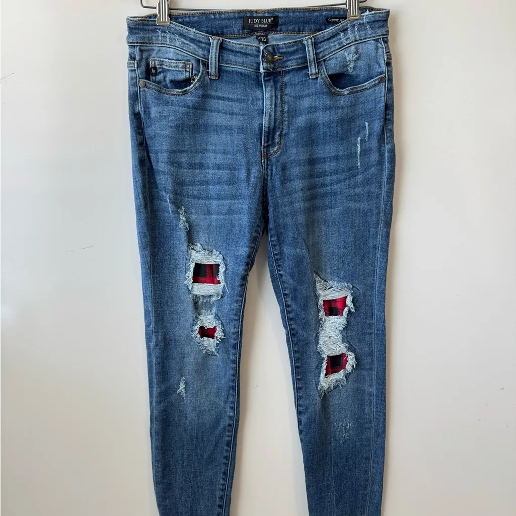 Judy Blue Red Buffalo Plaid Patch Distressed Skinny Fit Jeans Size 11\30 - Image 5
