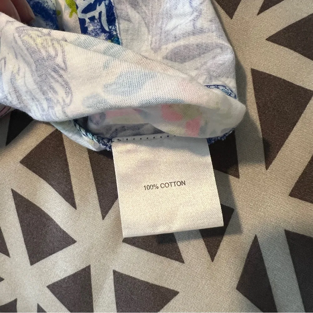 Beach Time Size S Vibrant Multicolor Abstract Floral Print Ruffle Split Neck Top Blue - Image 7