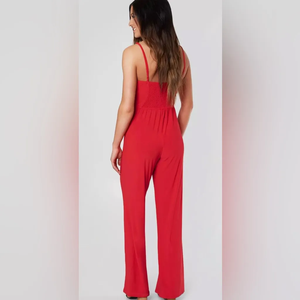 Daytrip BKE  Solid V-Wire Strappy Jumpsuit Bittersweet Red Size Small - Image 3