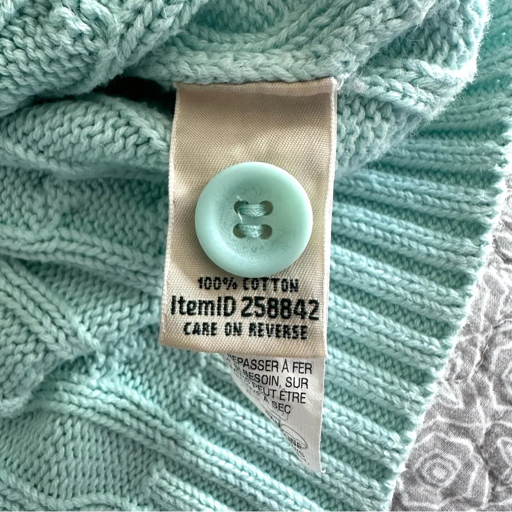 L.L. Bean Cable Knit Cotton Cardigan Sweater Light Aqua Blue Mint Size L Size L - Image 7