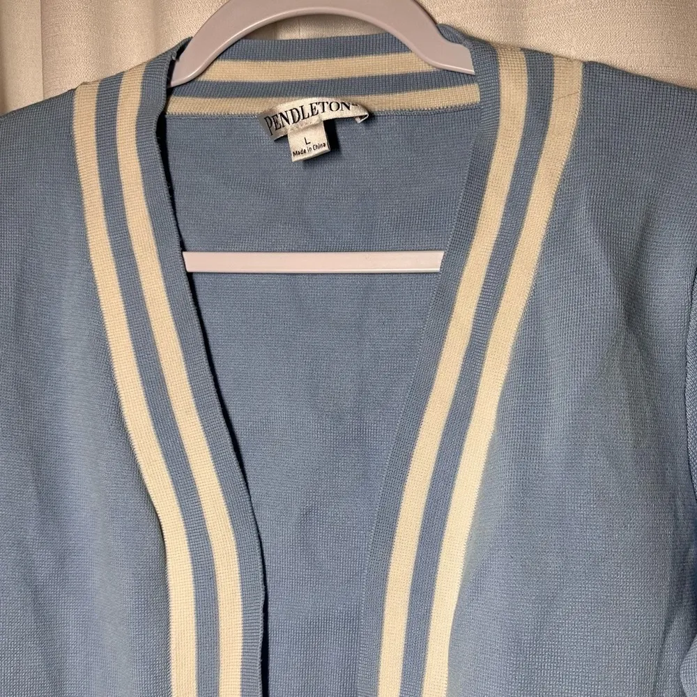 Pendleton Cardigan Sweater Blue White Striped Silk Sz L Preppy Academia Varsity - Image 3