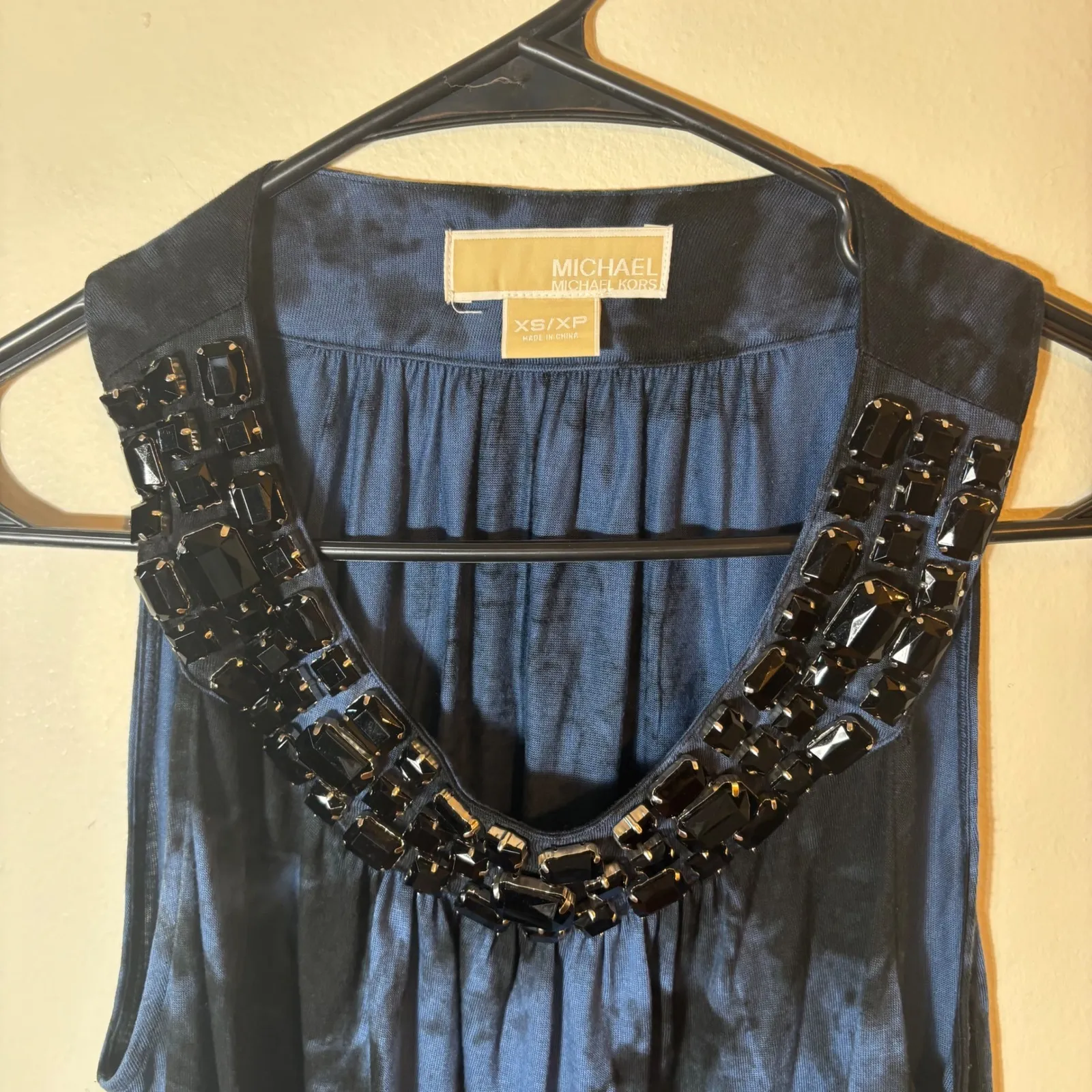 Michael Kors Dress XS Tie Dye Black Blue‎ Beaded Neck Sleeveless Casual Blue - Image 3