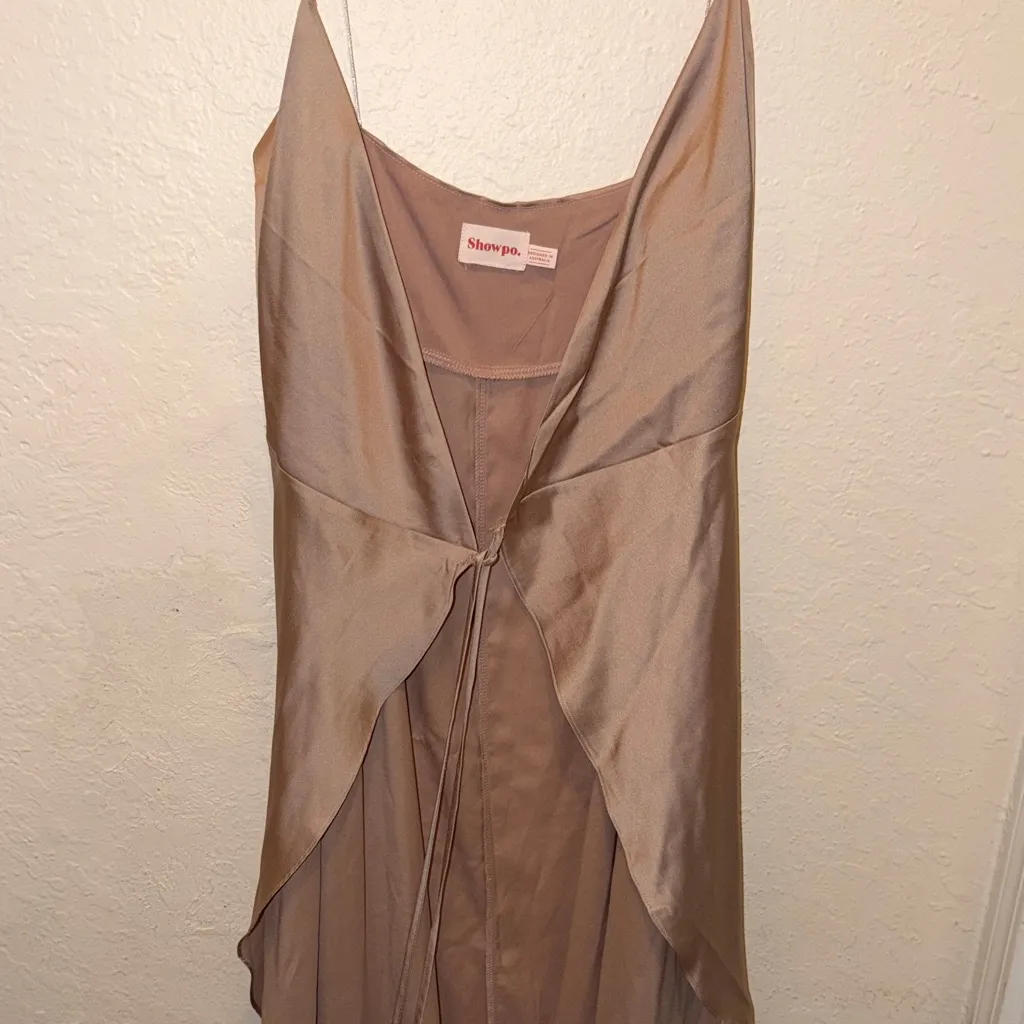 Showpo Veronica Asymmetric Satin Wrap dress slip dress Tan Size undefined - Image 4