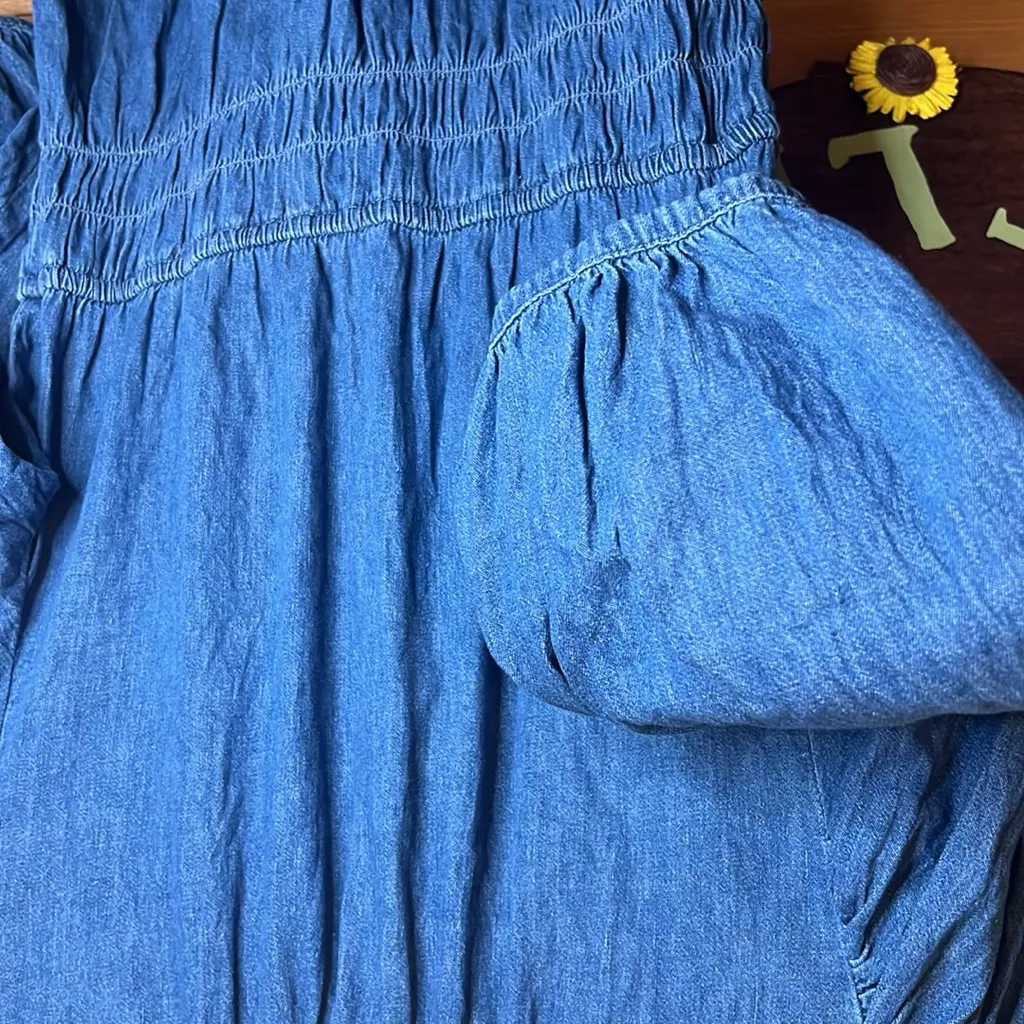 Gap Organic Cotton Denim Puff Sleeve Midi Dress Washwell Prairie Stretch Waist - Image 8