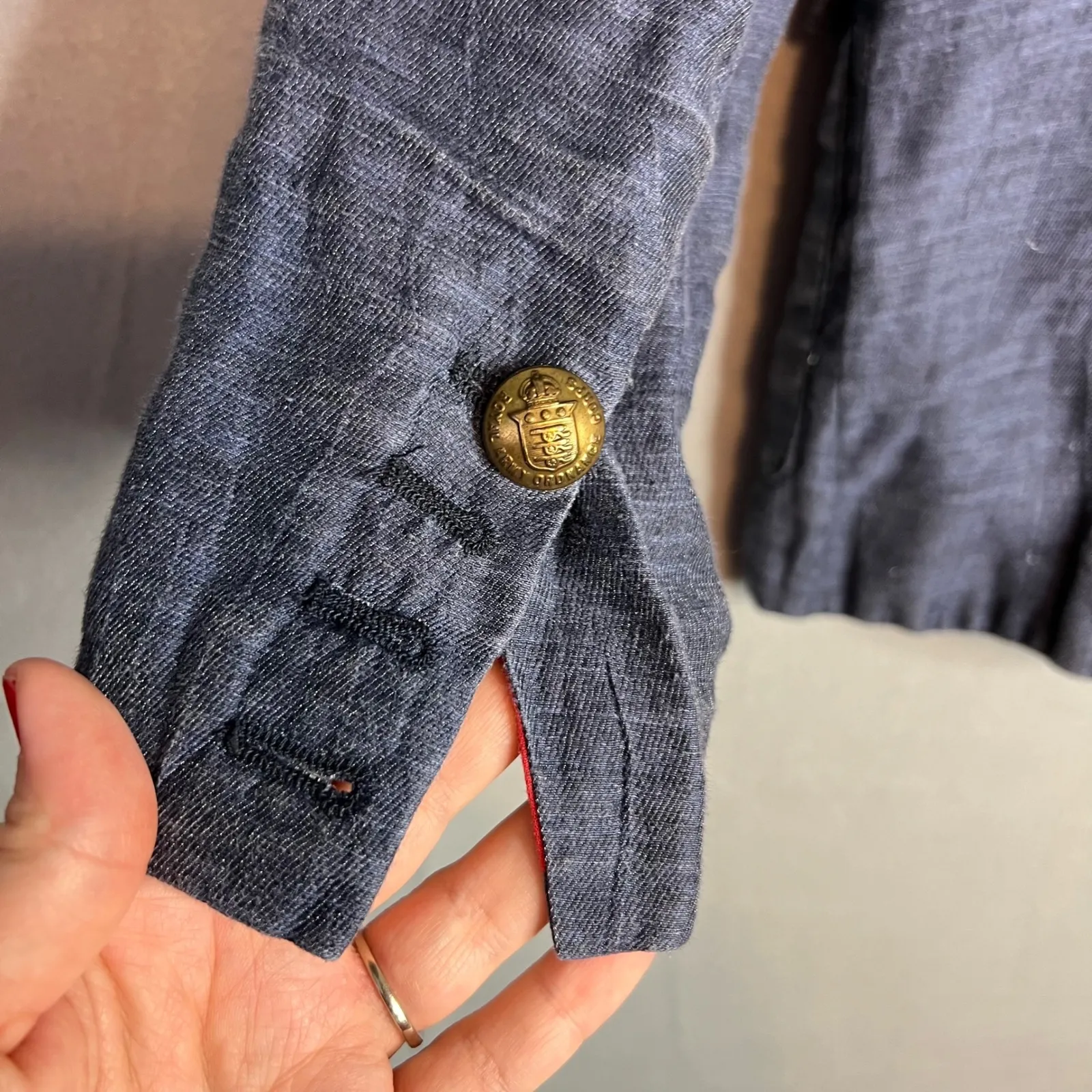 ZARA BASIC Military Style Linen Blend Jacket Size M Chambray Gold Buttons Blue Size M - Image 10